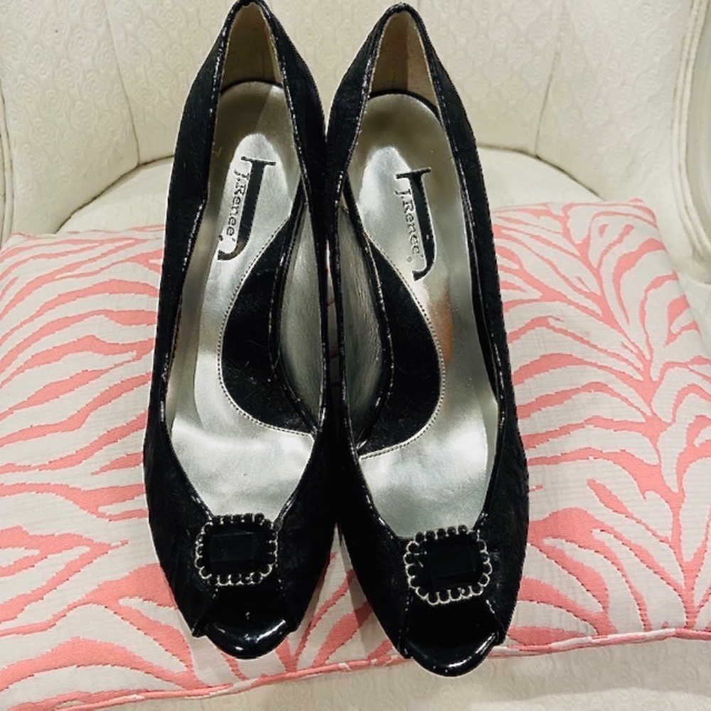 JN29-Vintage "Mildred" Nina Crepe Fabric Dressy Peep-Toe Heels with Blac…